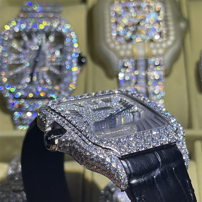 Custom Diamond Leather Band Moissanite Watch  Hand Setting Iced Out 3EX