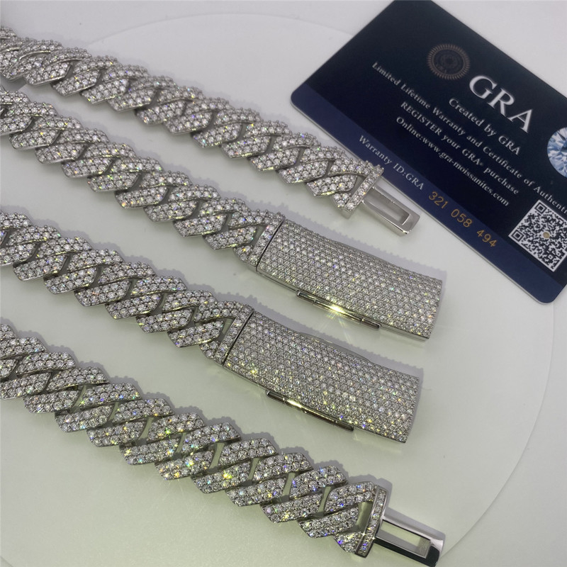 Hip Hop Miami Cuban Link Chain 15mm VVS Moissanite Sterling Silve Cuban Link Necklace