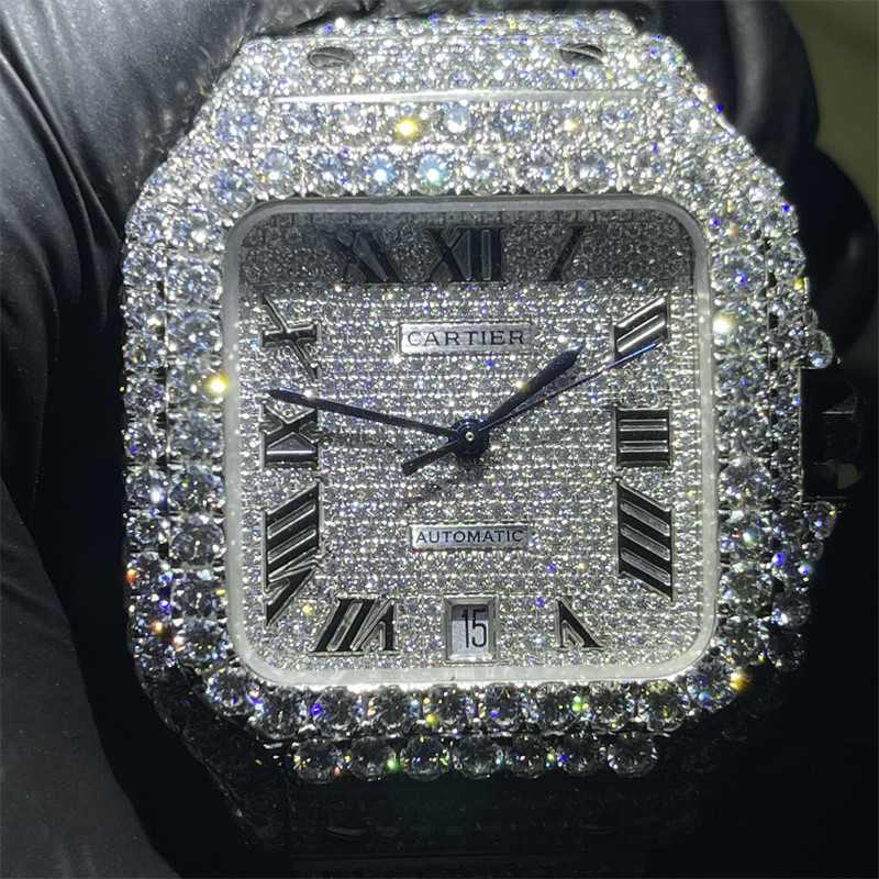 Luxury Moissanite Bust Down Watch Round Brilliant Cut Moissanite Cartier Santos