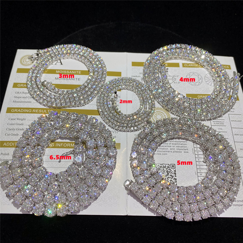VVS Moissanites Tennis Diamond Necklace Hip Hop 925 Sterling Silver 2mm 3mm 5mm 6.5mm